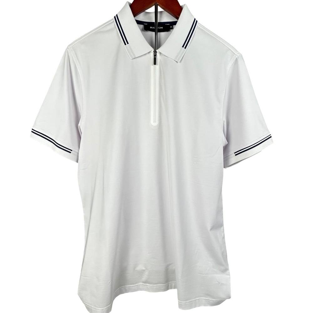Bugatchi Mens Pale Dove and Navy Striped Quarter Zip Polo Shirt NBF329 Size M